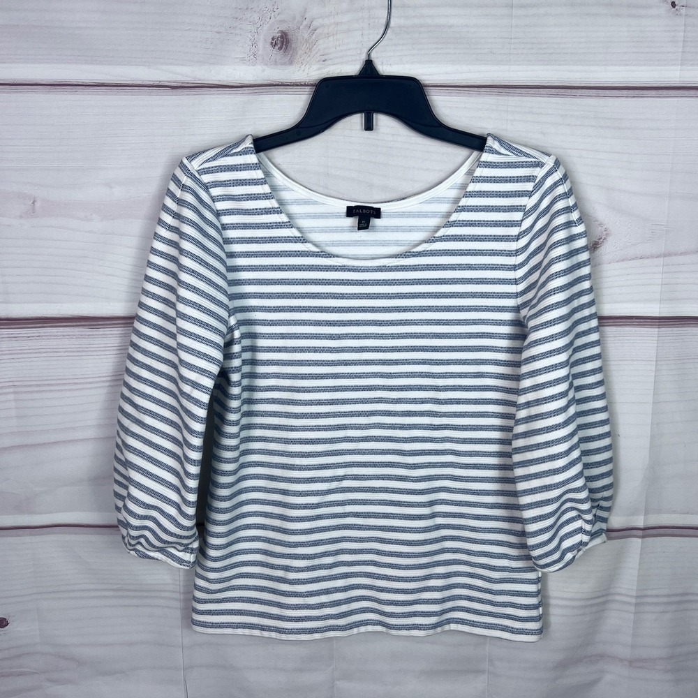 Talbots Top Womens M Blue‎ Striped Blouse 3/4 Sleeve Textured Knit Scoop Neck